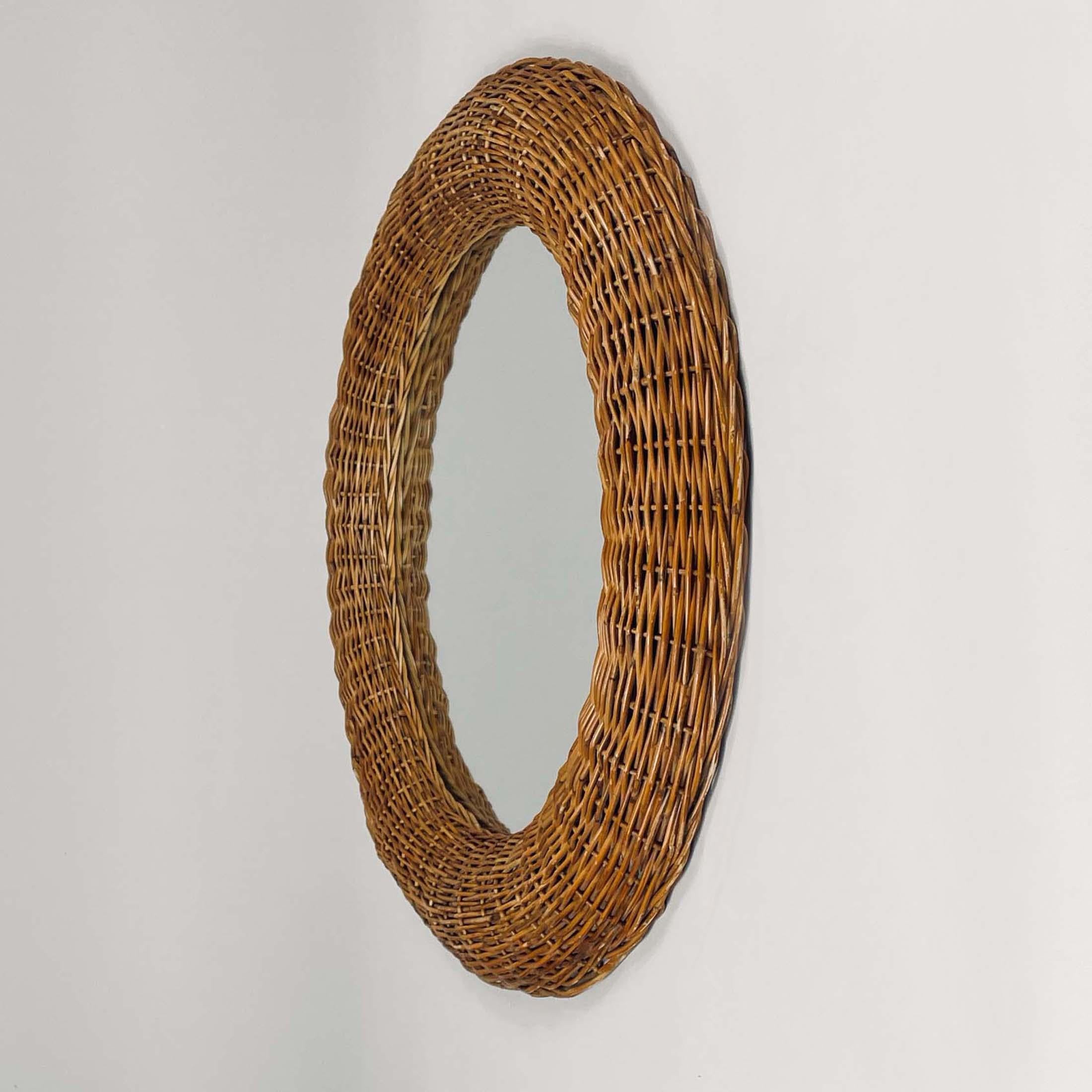 Riviera Style Round Woven Rattan Mirror, France 1950s For Sale 2