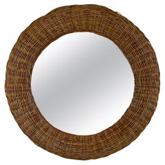 Specchio rotondo in rattan intrecciato in stile Riviera, Francia, anni '50