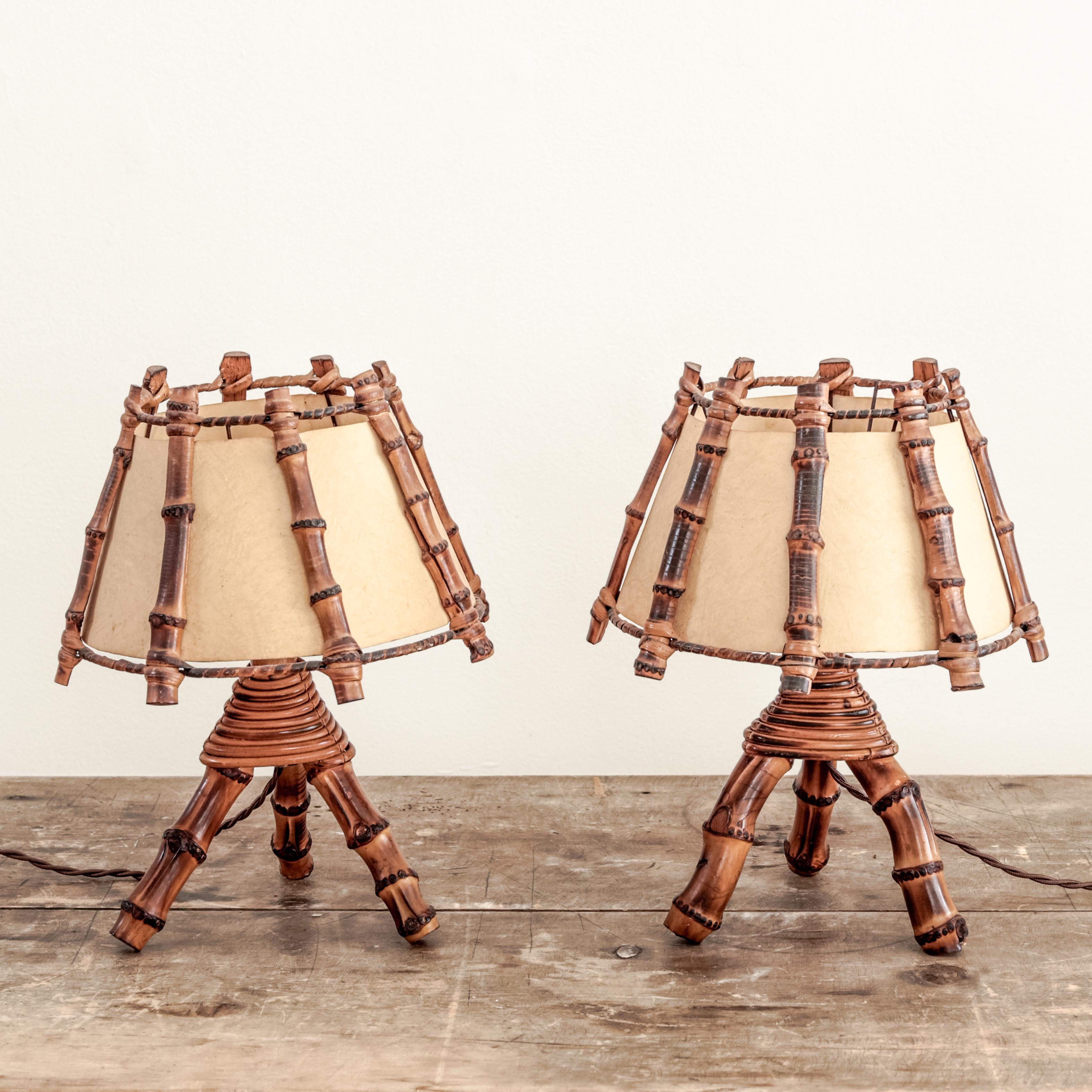 Pair of Riviera style mini table lamps with original vintage shades, France circa 1950's.