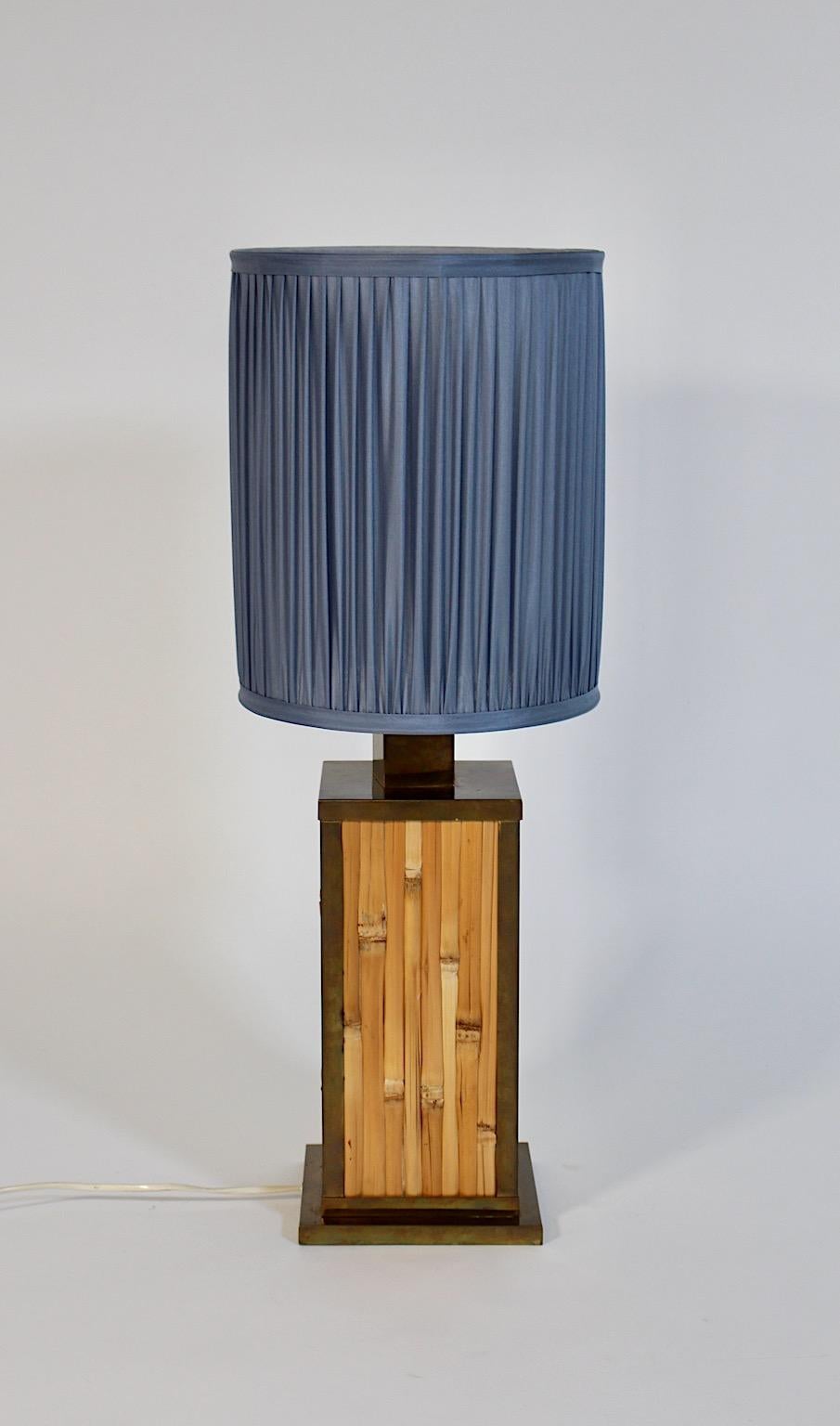 Riviera Style Vintage Brass Bamboo Silk Pastel Blue Table Lamp 1970s Italy For Sale 4