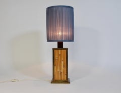 Riviera Style Vintage Brass Bamboo Silk Pastel Blue Table Lamp 1970s Italy