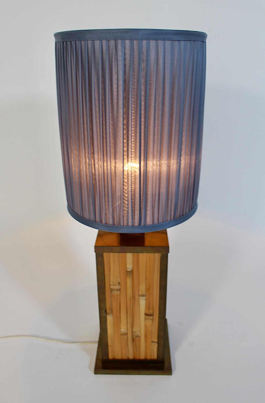 Italian Riviera Style Vintage Brass Bamboo Silk Pastel Blue Table Lamp 1970s Italy For Sale