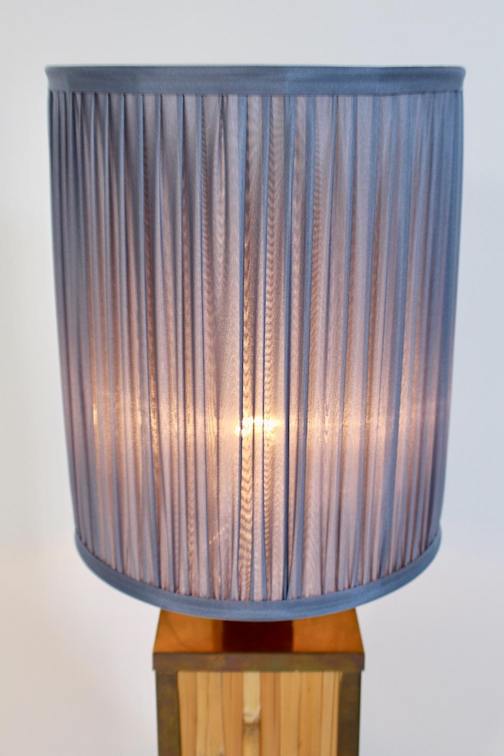 Riviera Style Vintage Brass Bamboo Silk Pastel Blue Table Lamp 1970s Italy In Good Condition For Sale In Vienna, AT