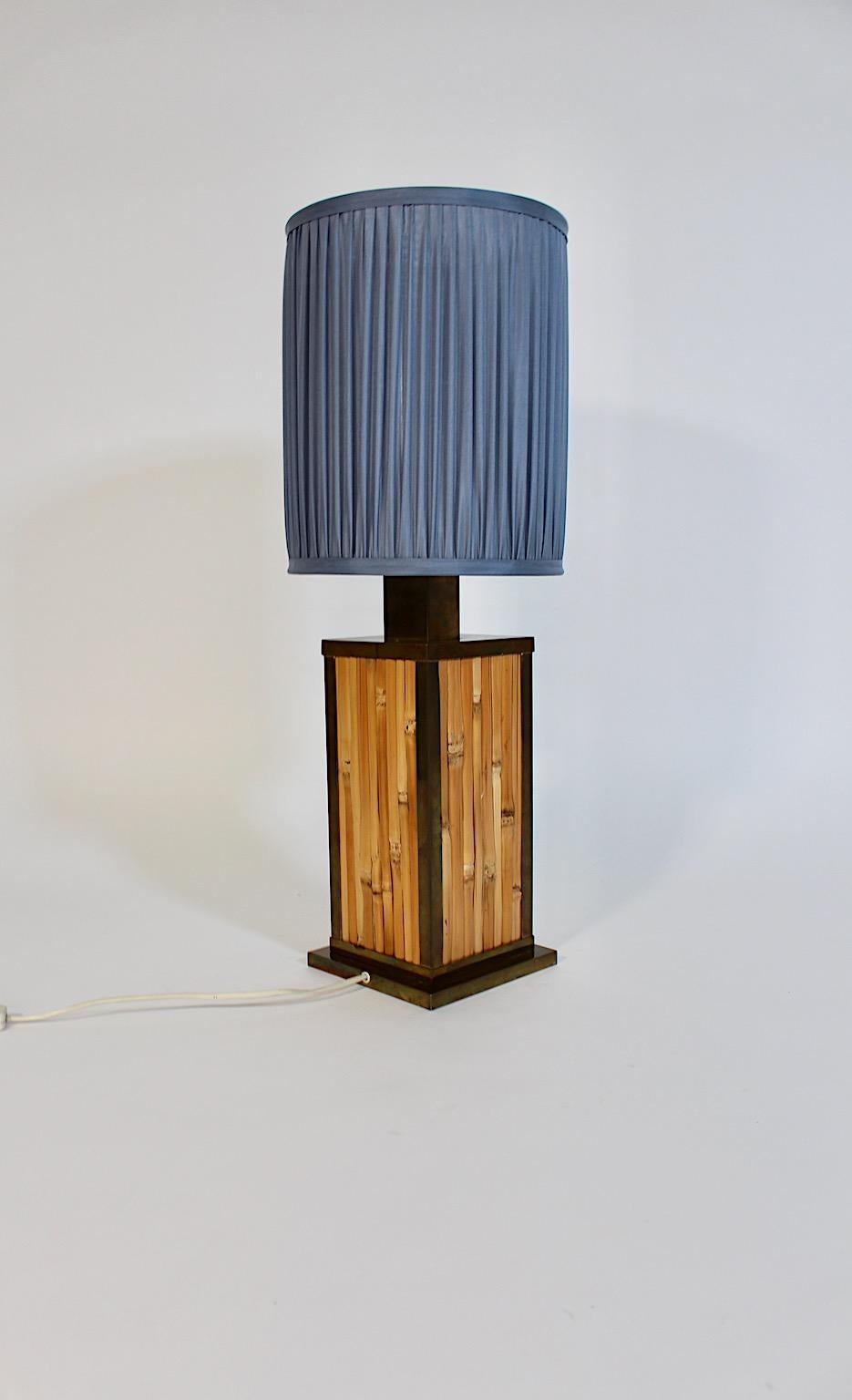 Late 20th Century Riviera Style Vintage Brass Bamboo Silk Pastel Blue Table Lamp 1970s Italy For Sale