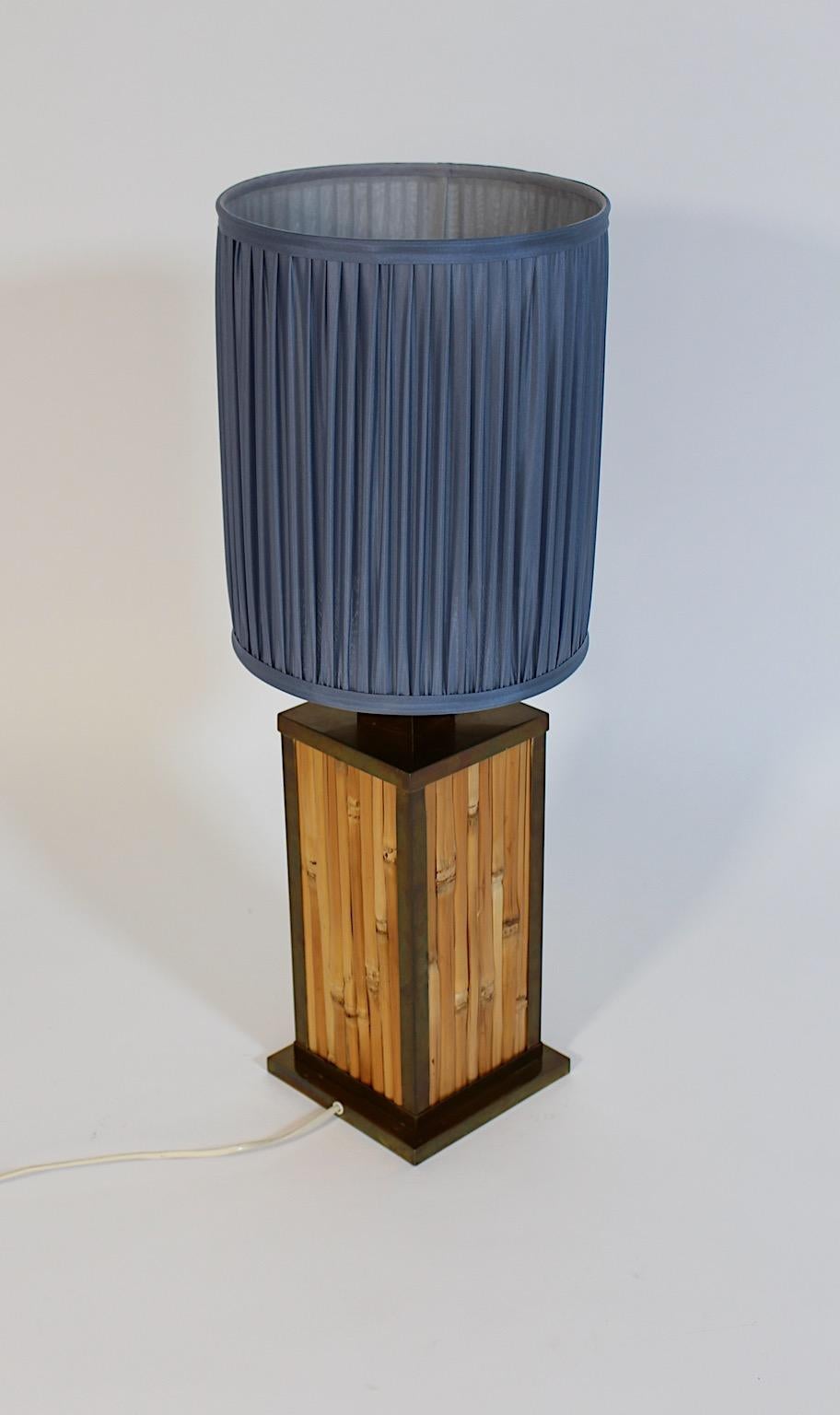 Riviera Style Vintage Brass Bamboo Silk Pastel Blue Table Lamp 1970s Italy For Sale 1