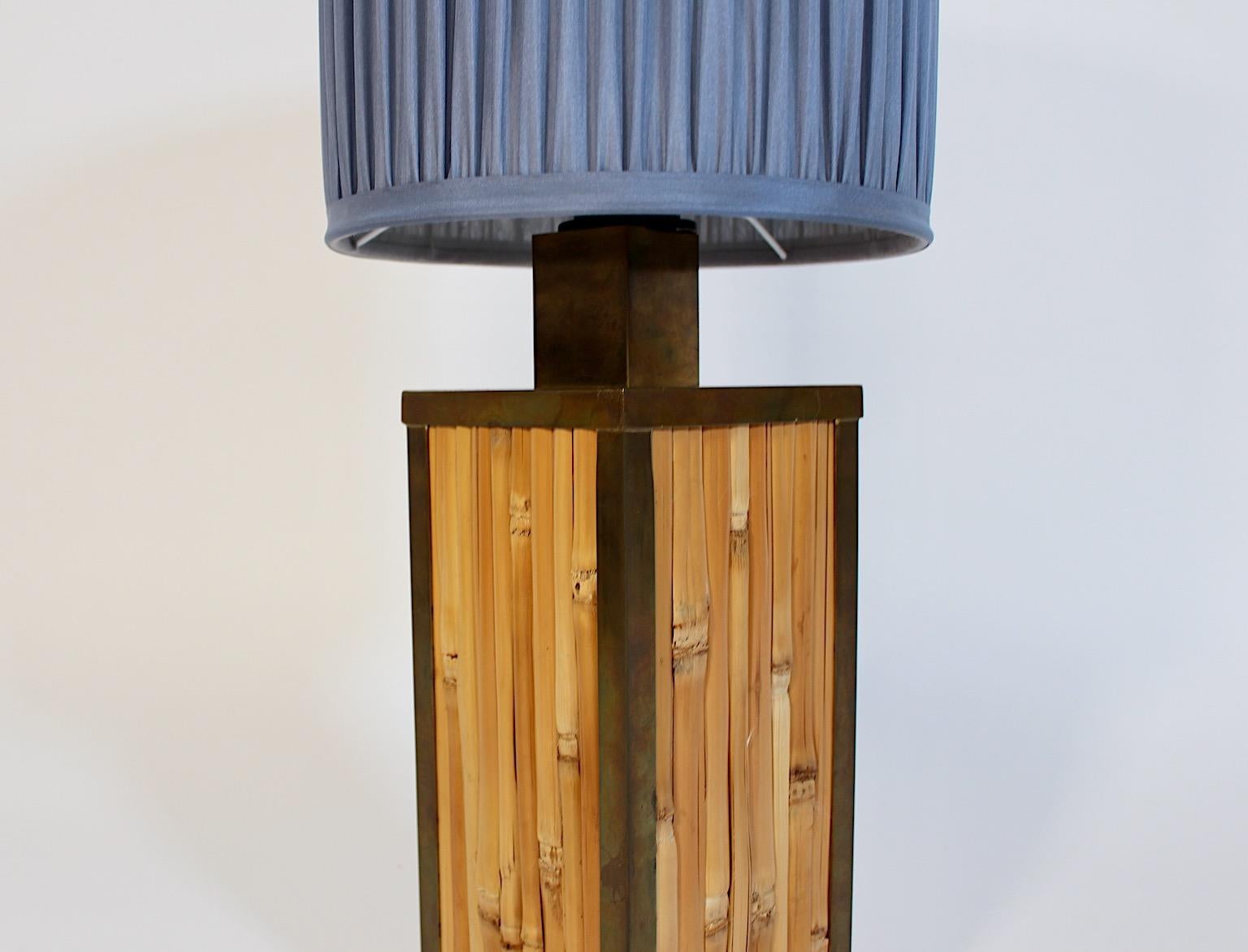 Riviera Style Vintage Brass Bamboo Silk Pastel Blue Table Lamp 1970s Italy For Sale 2