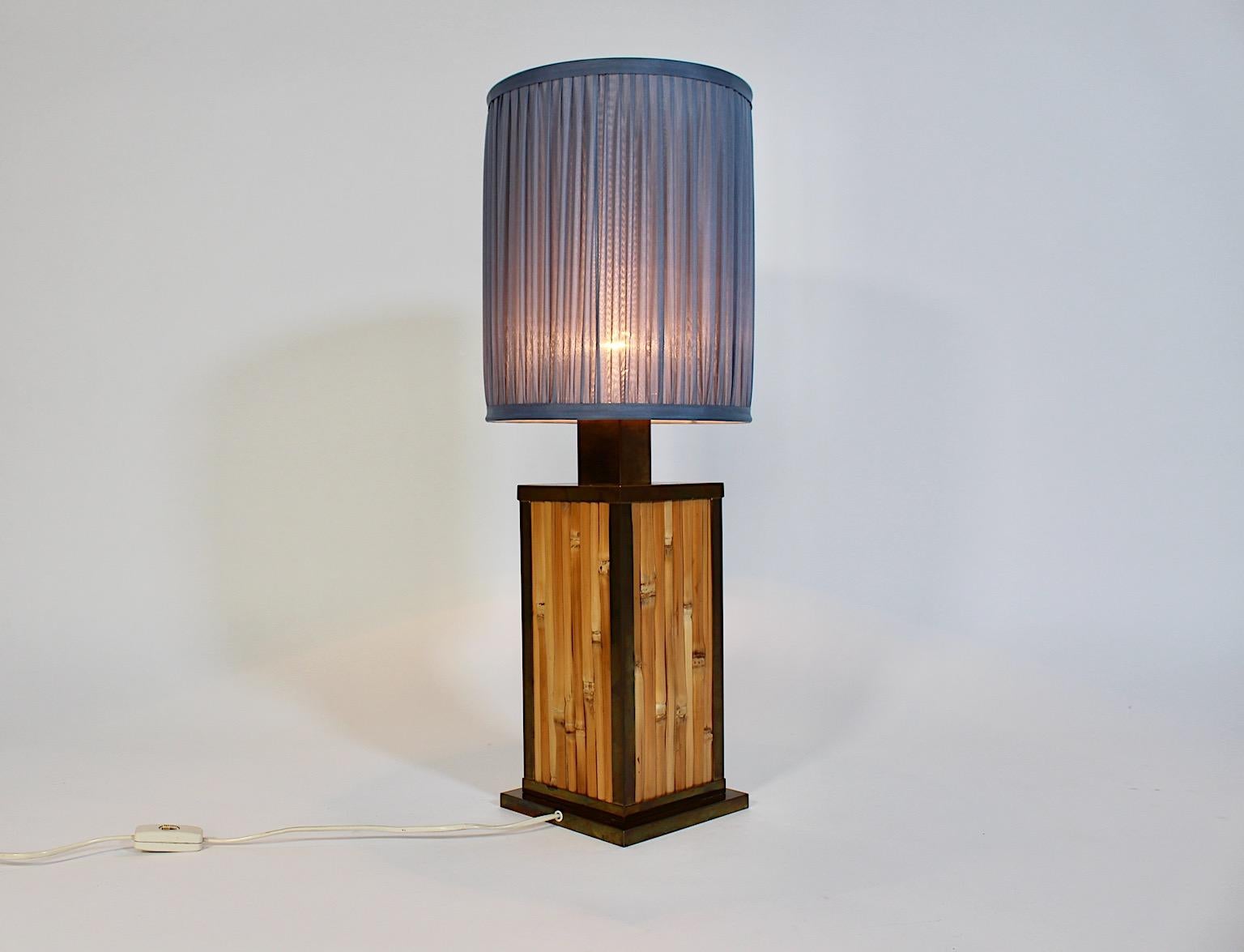 Riviera Style Vintage Brass Bamboo Silk Pastel Blue Table Lamp 1970s Italy For Sale 3