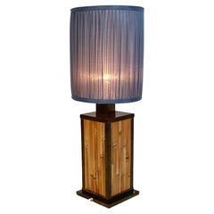 Riviera Style Vintage Brass Bamboo Silk Pastel Blue Table Lamp 1970s Italy