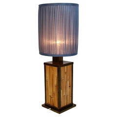 Lámpara de sobremesa estilo Riviera Vintage Latón Bambú Seda Azul Pastel Años 70 Italia