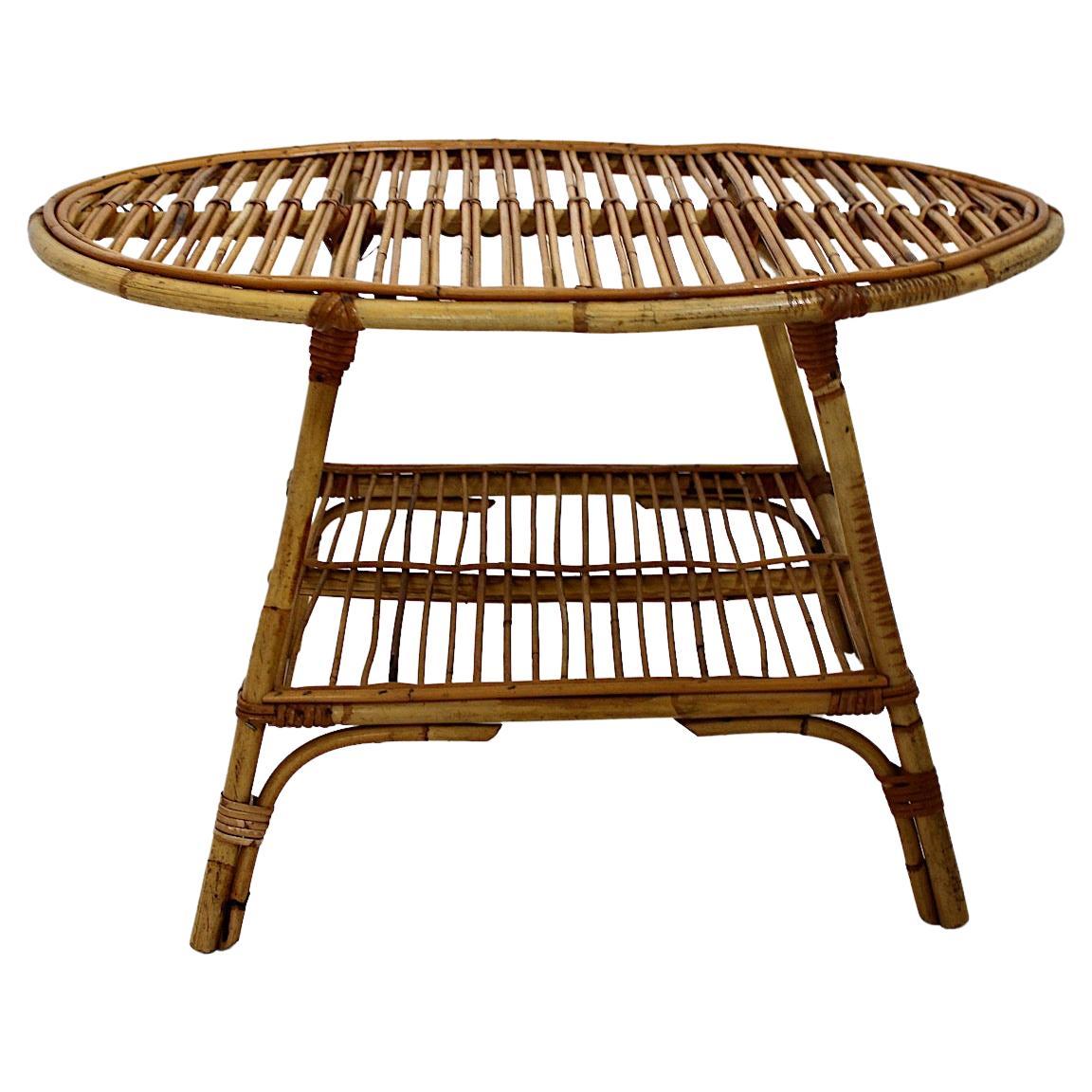 Riviera Style Vintage Organic Rattan Oval Coffee Table Side Table 1950s Italy For Sale