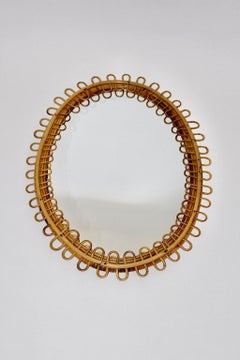 Riviera Style Vintage Rattan Organic Oval Sunburst Wall Mirror 1950s France