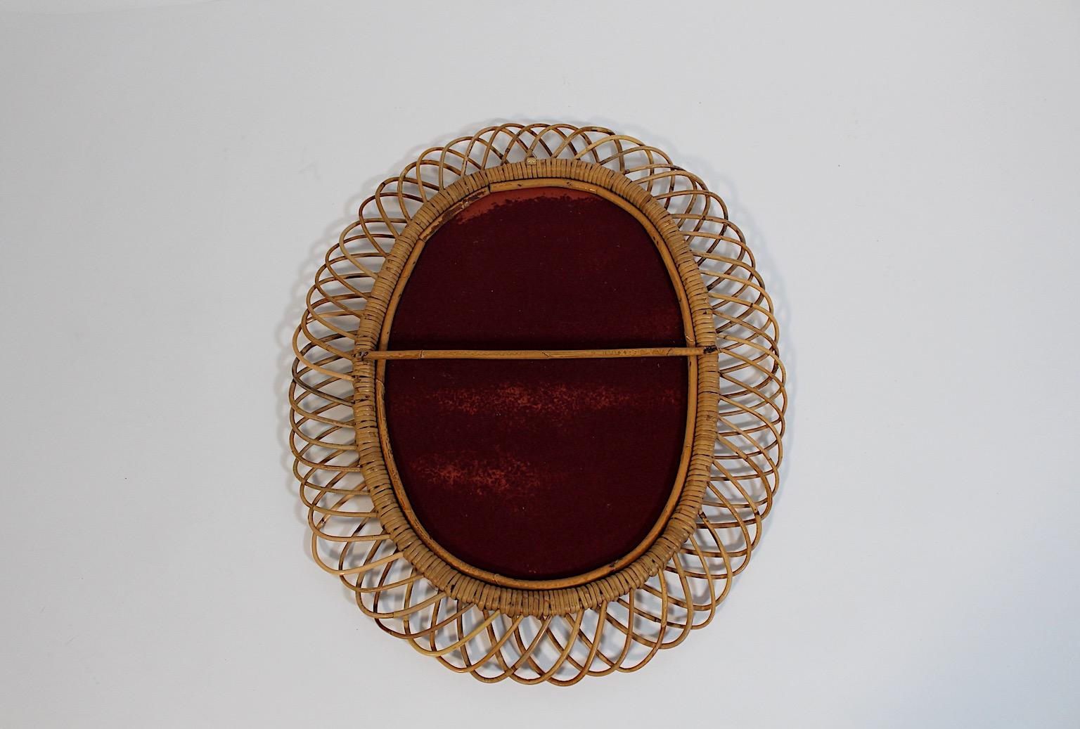 Riviera Style Vintage Rattan Oval Wall Mirror Sunburst Mirror, 1960s, Italy For Sale 5