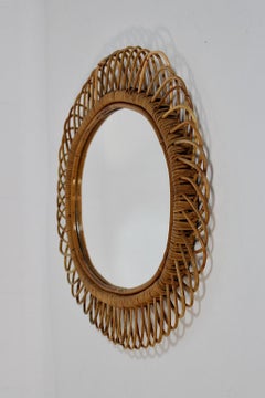 Riviera Style Vintage Rattan Oval Wall Mirror Sunburst Mirror, 1960s, Italy