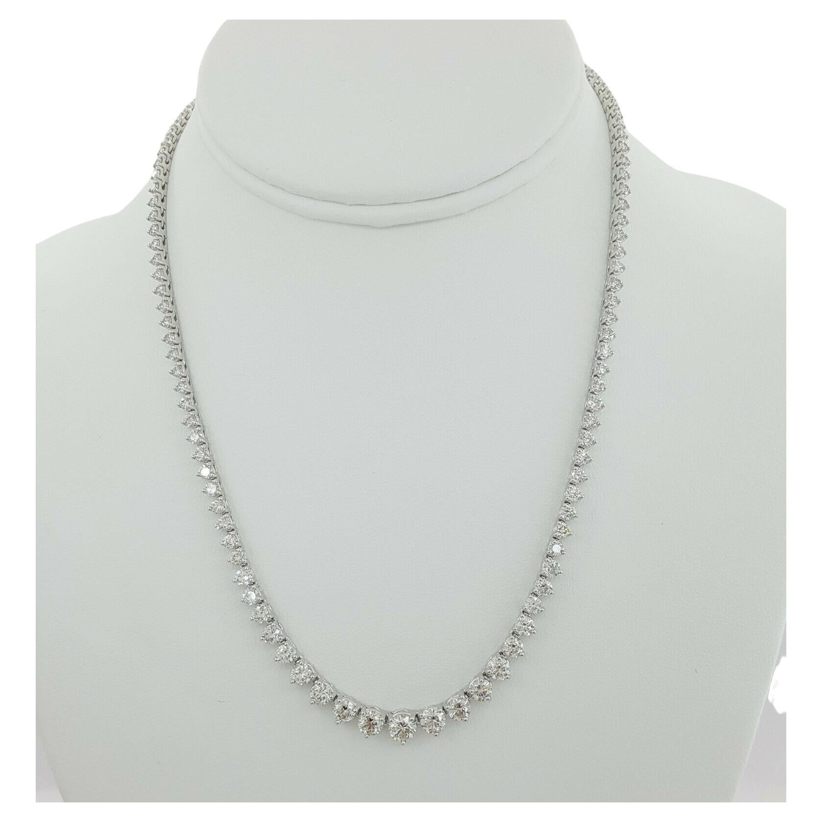 This timelessly elegant riviera necklace dazzles with 10.97 carats of bright white, eye clean, and excellently cut diamonds. Exceptionally well cut, these diamonds are very bright and lively! The diamonds are gracefully graduated, and overall, the
