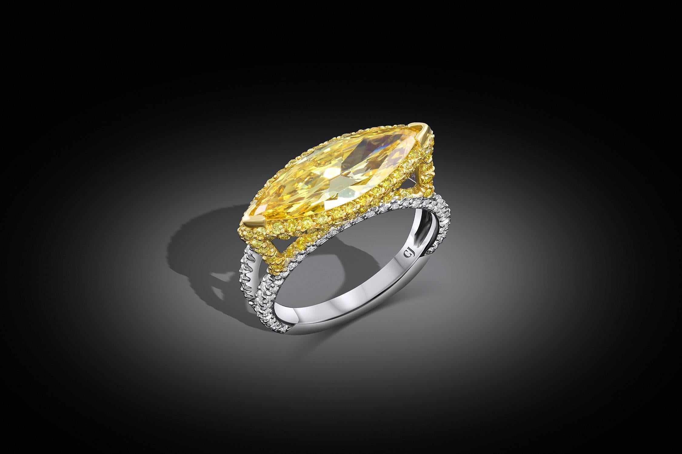 Marquise Cut Rivière 2 Carat Fancy Intense Yellow Marquise Diamond Ring, GIA Certified For Sale