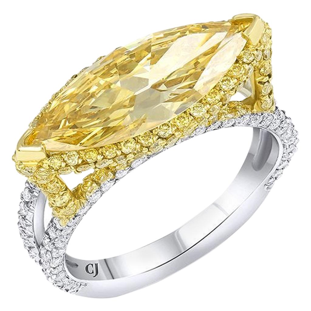 Rivière 2 Carat Fancy Intense Yellow Marquise Diamond Ring, GIA Certified For Sale