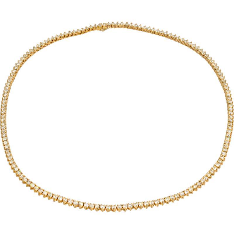 Collier de diamants Riviere en or jaune 14k. Les diamants ronds de taille brillant pèsent au total 15,00 carats et sont estimés de couleur I-J et de pureté VS-SI. (Chaque diamant approx. 0.10 carats) Longueur totale 19.00 pouces.
