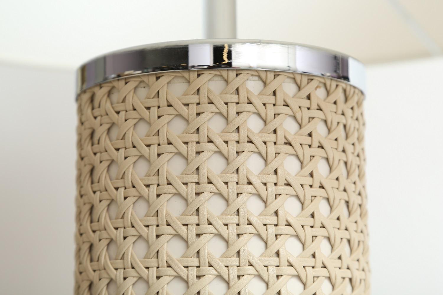 Contemporary Riviere Italy Enameled Ivory Cylindrical Lamp covered with hand braided leather For Sale