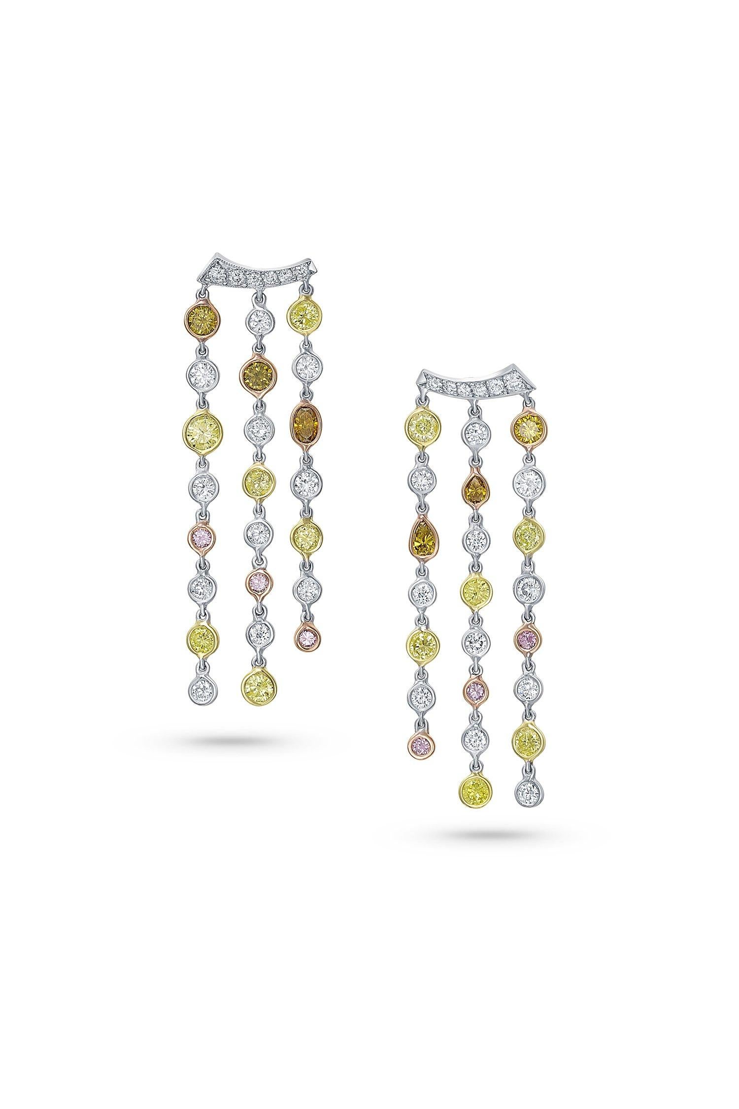 New from the Rivière Collection, these exquisite earrings feature an elegantly curved shape set with pavé diamonds and three strands of scintillating  multicolor diamonds cascading down. The finest craftsmanship and design create fluidity and a