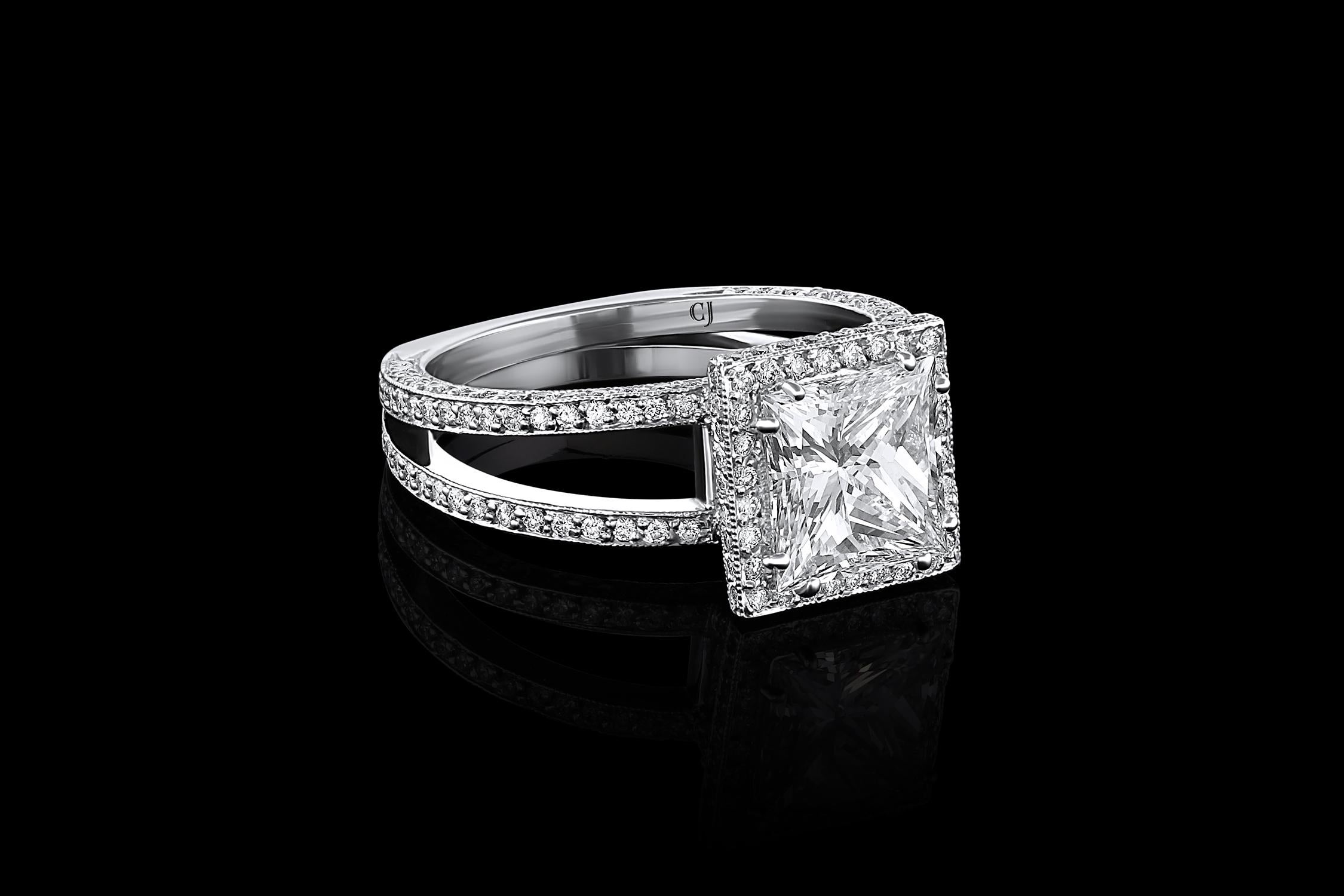 Rivière Platinum 2.19 Carat Princess Cut Diamond Split Shank Ring, GIA Certified In New Condition For Sale In La Jolla, CA