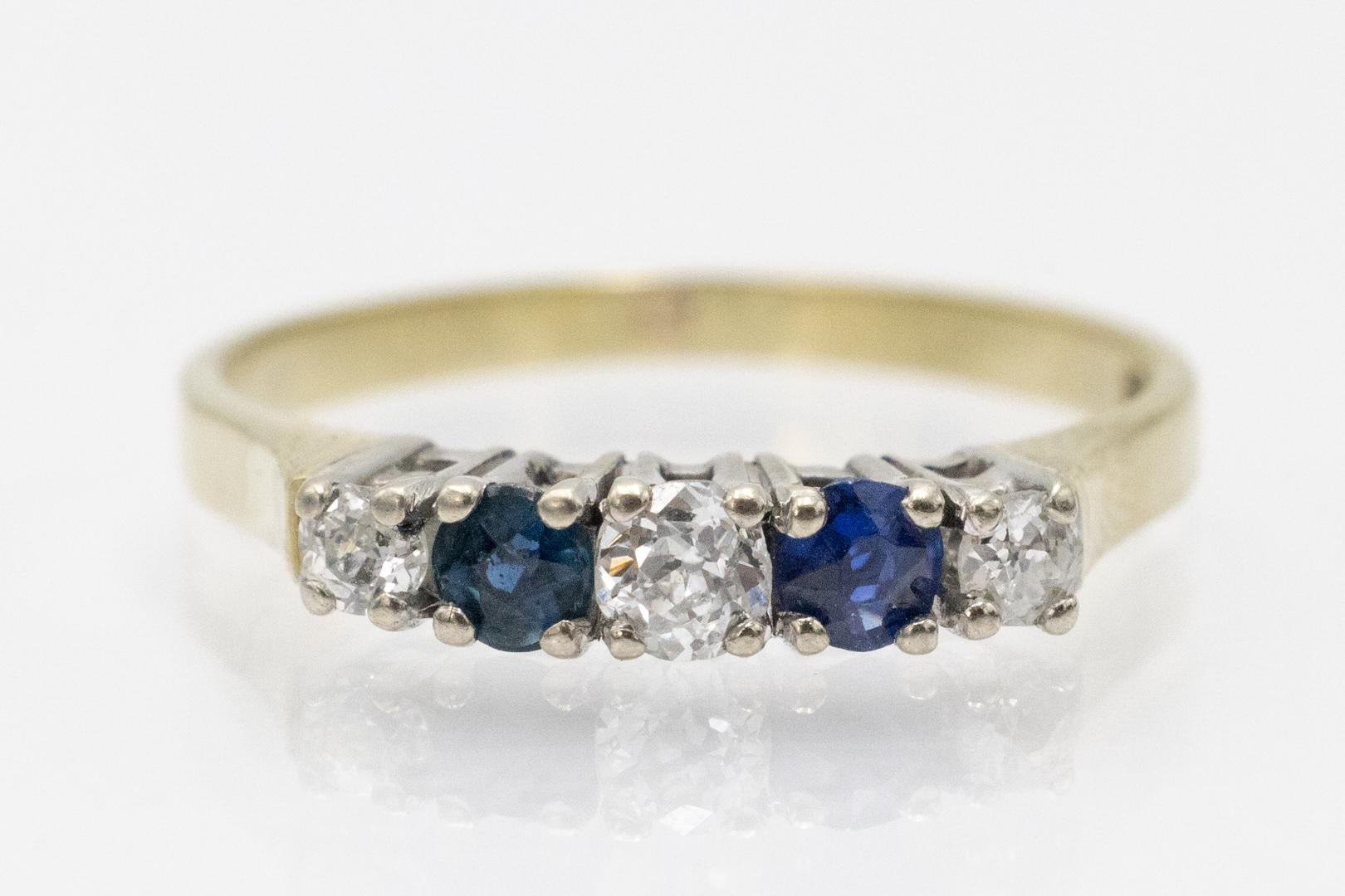 Anillo Rivière con zafiros y diamantes talla antigua. Corte europeo antiguo en venta