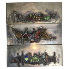Rivka Eliav Brutalist Copper, Enamel and Stainless Triptych Three Panels, 1960s