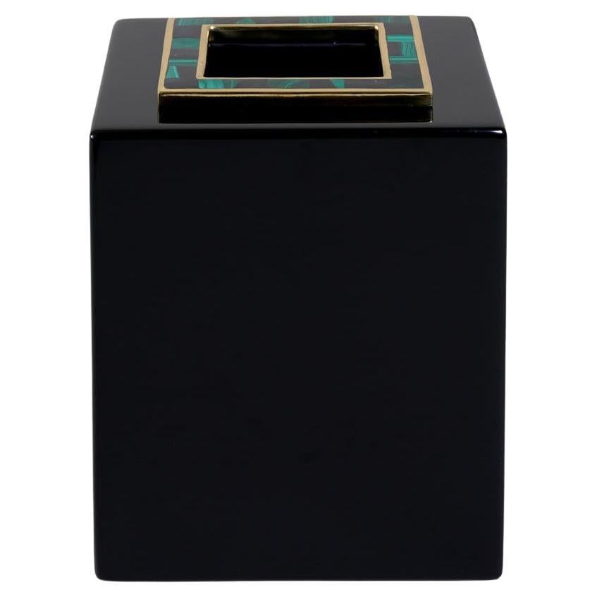 Rivoli Black Tissue Box Small in Lacquer 
Brass, Viya By Vikram Goyal For Sale