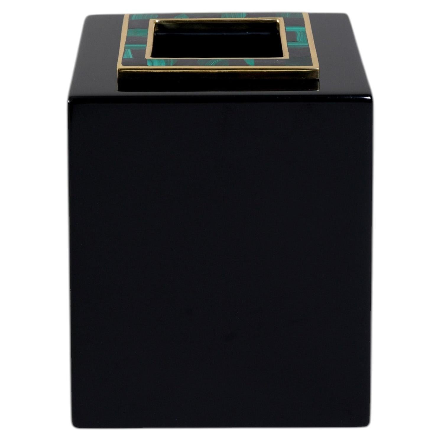 Rivoli Black Tissue Box Small in Lacquer & Brass, Viya By Vikram Goyal