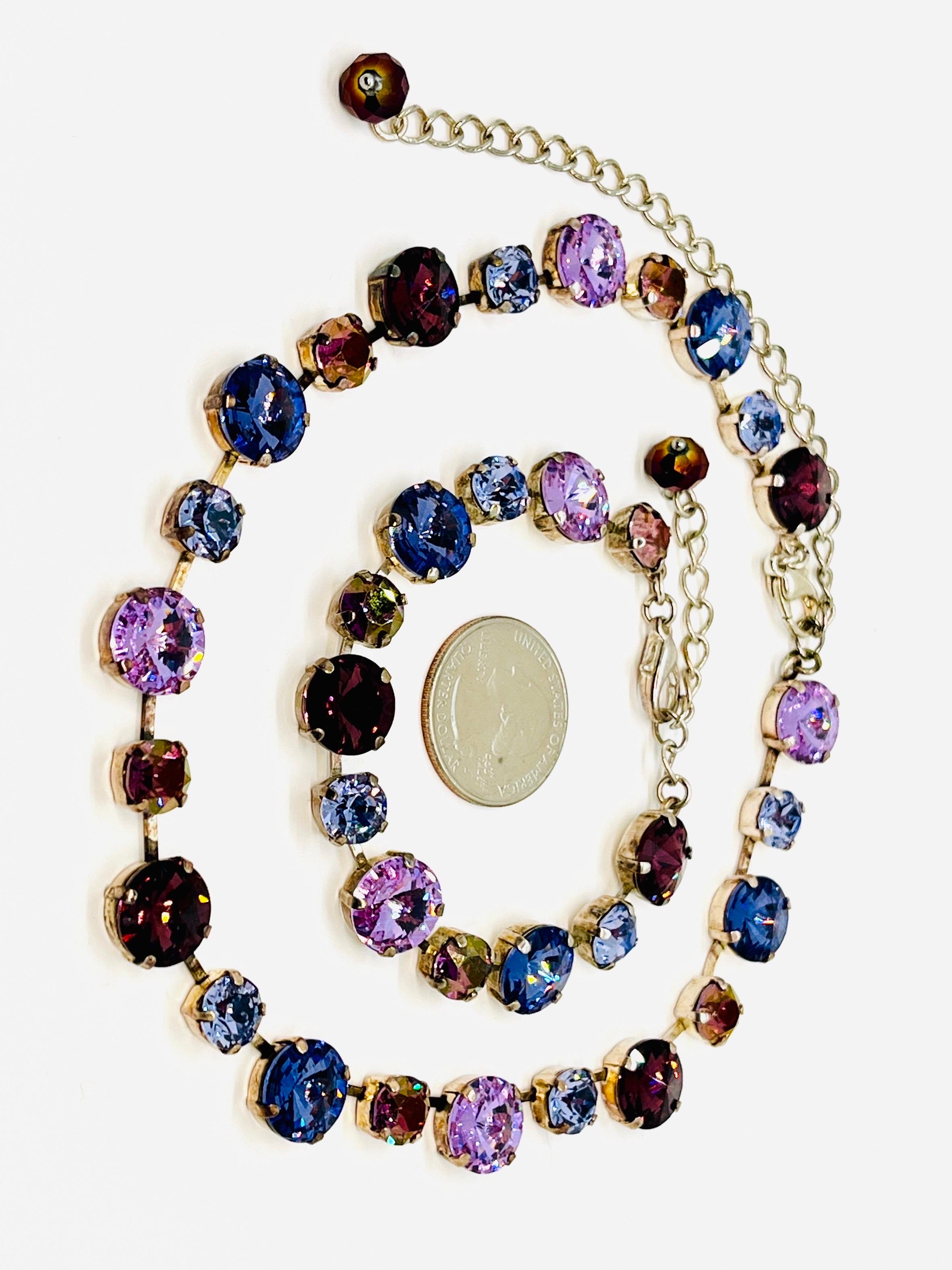 Collar necklace and bracelet multicolor Rivoli cut crystal rhinestone silver cup chain with adjustable chain and lobster clasps. Necklace can be adjusted from 13.5