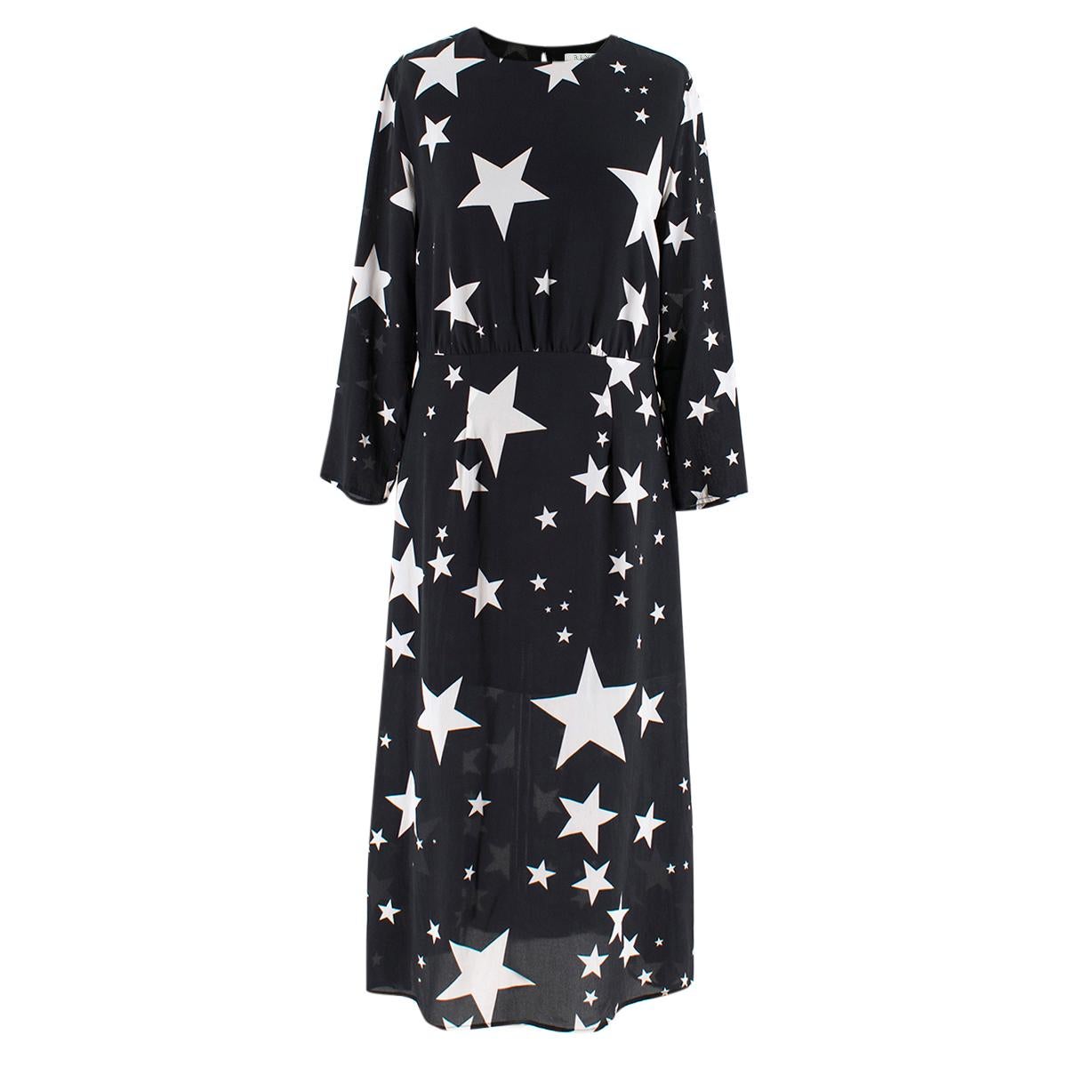 Rixo Alice Black Star Print Midi Dress

- Black start print midi dress
- Lightweight
- Non-stretchy fabric
- 3/4 sleeve length
- Crew neck
- Back two buttons and zip fastening
- Ruched waist
- Side slit
- 100% viscose. Lining: 100%
