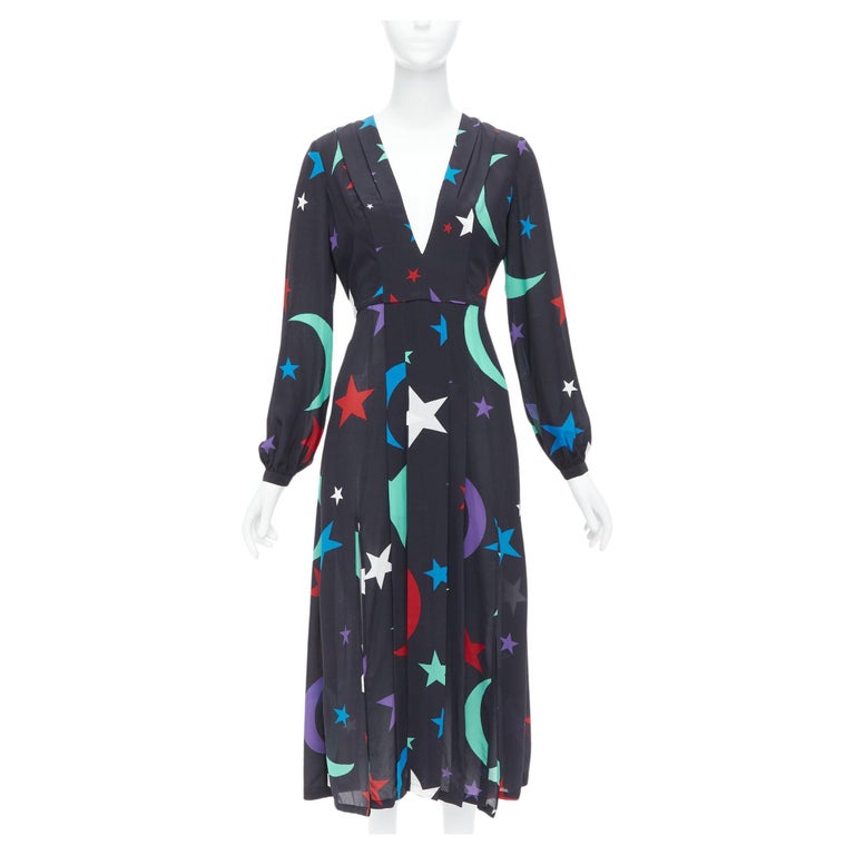 RIXO LONDON Constellation 100% silk black star print V neck dress S For  Sale at 1stDibs