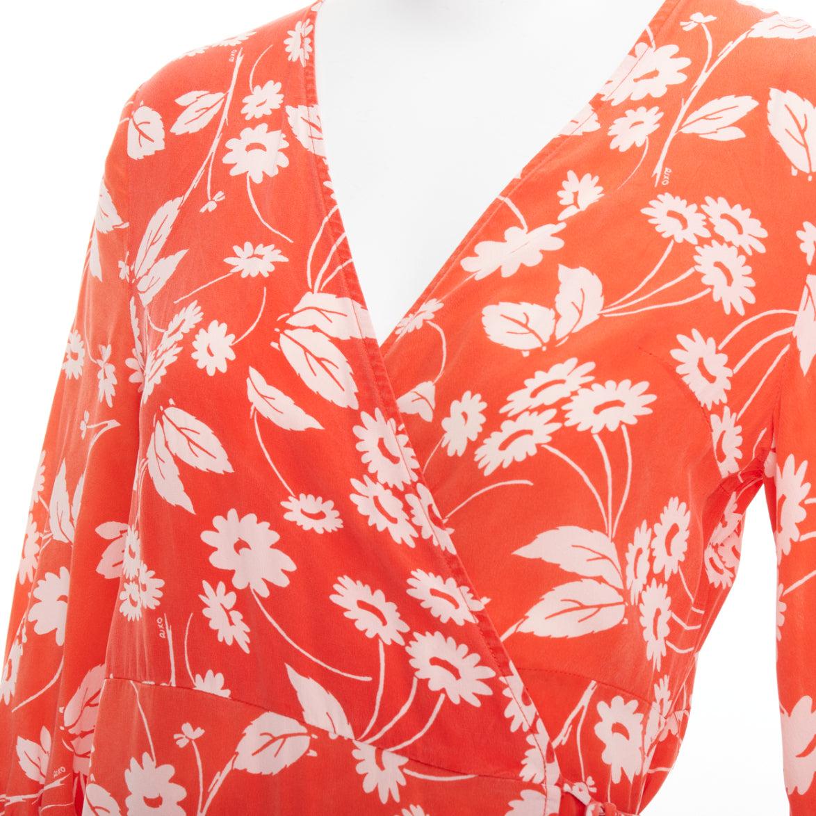 RIXO Noleen 100% seda coral rojo leopardo estampado floral patchwork vestido S en venta 2