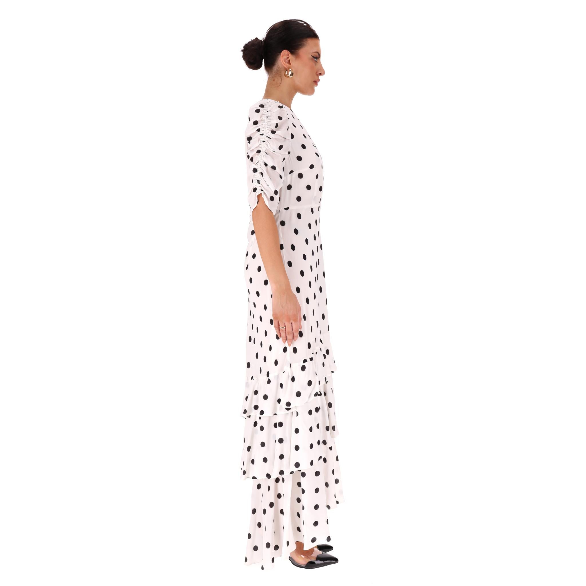 Maxivestido con volantes de mezcla de seda y lunares Rixo Gris en venta