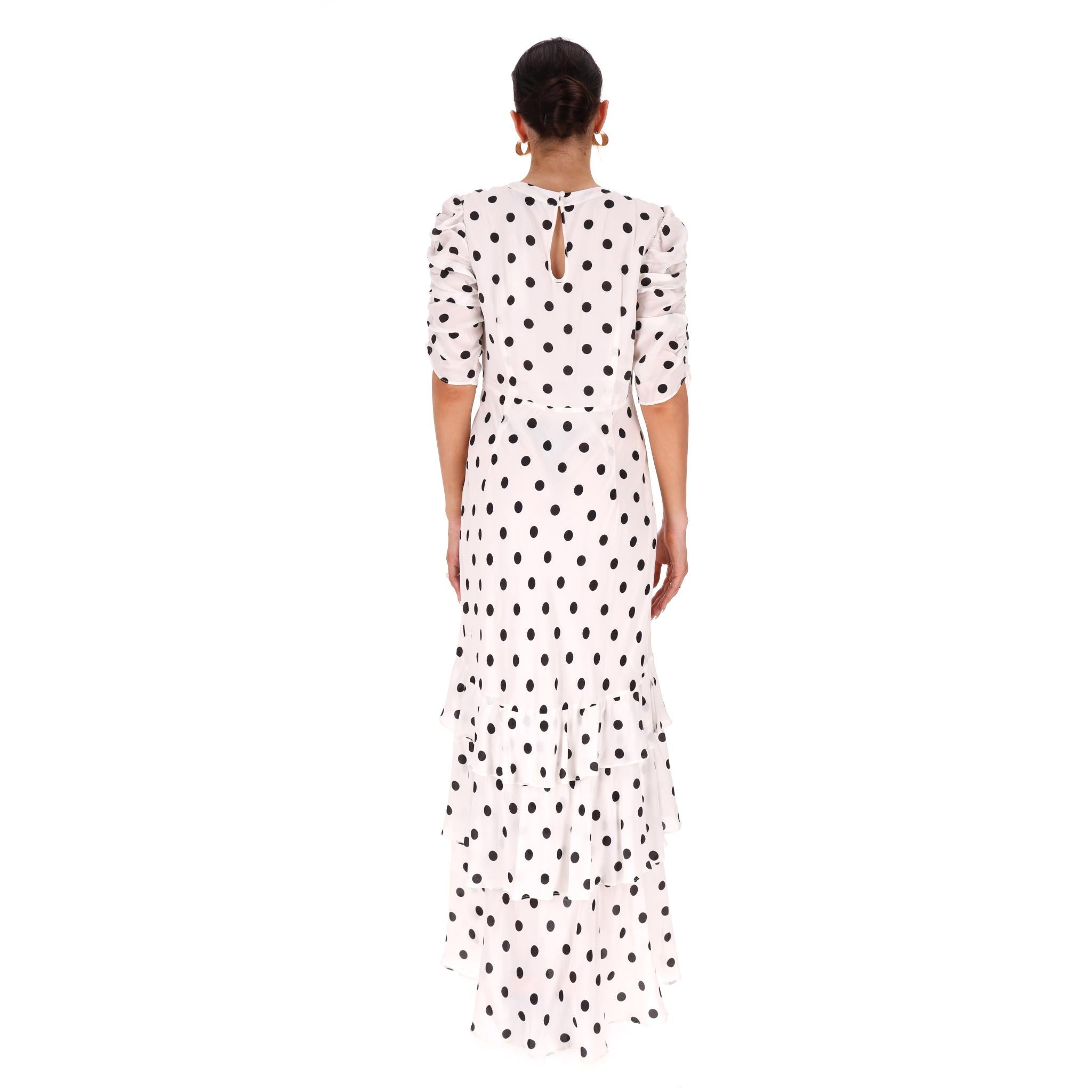 Rixo Polka-Dot Silk Blend Ruffled Maxi Dress In Excellent Condition For Sale In London, GB