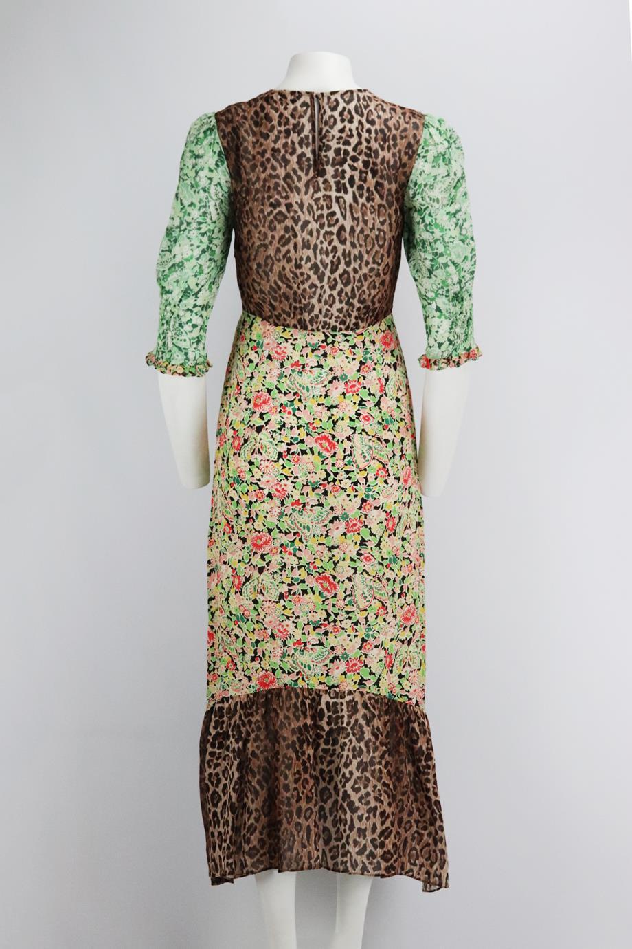 Rixo Printed Silk Crepe De Chine And Chiffon Midi Dress Xsmall In Excellent Condition In London, GB