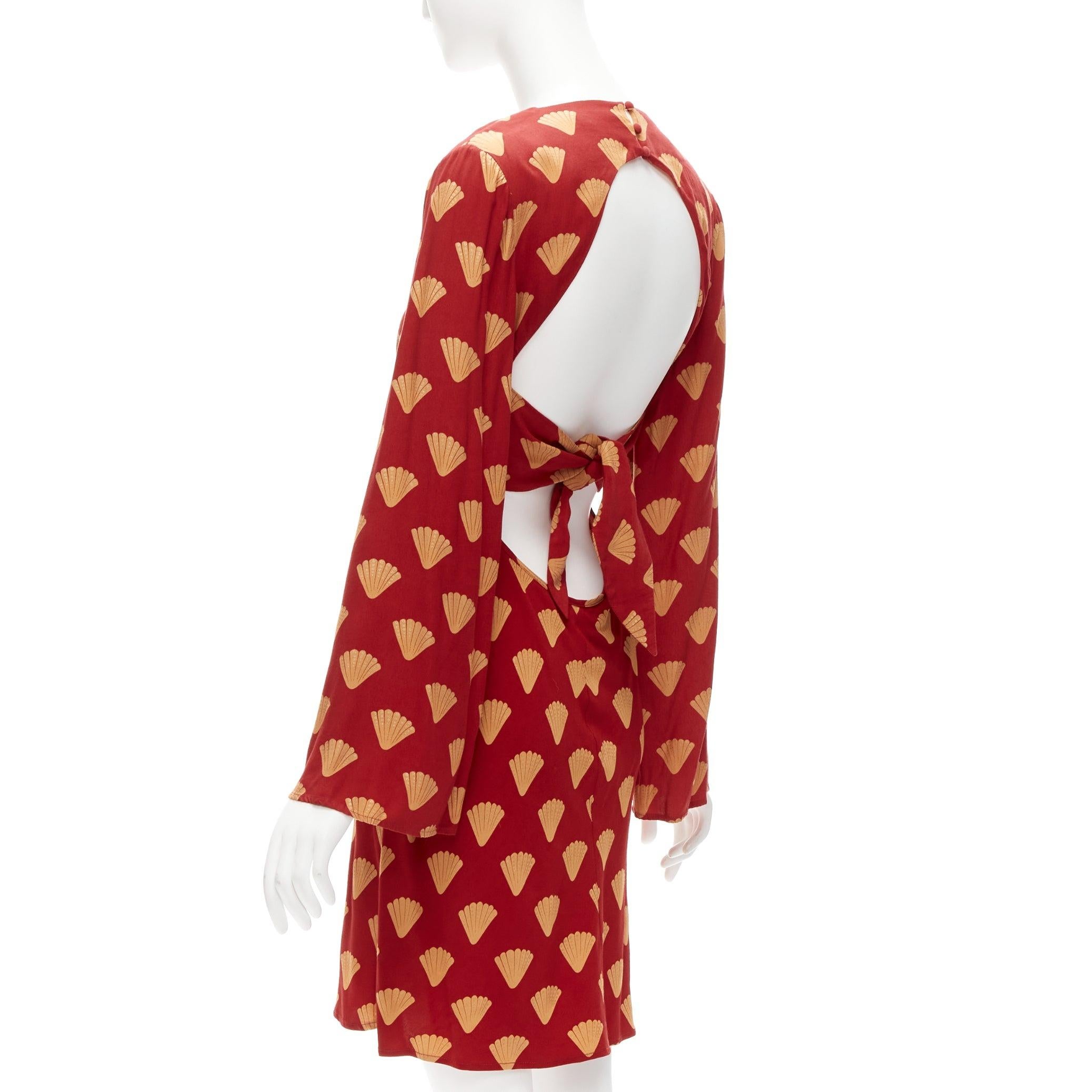 Women's RIXO red gold oriental fan print V neck  flare sleeves short dress S For Sale