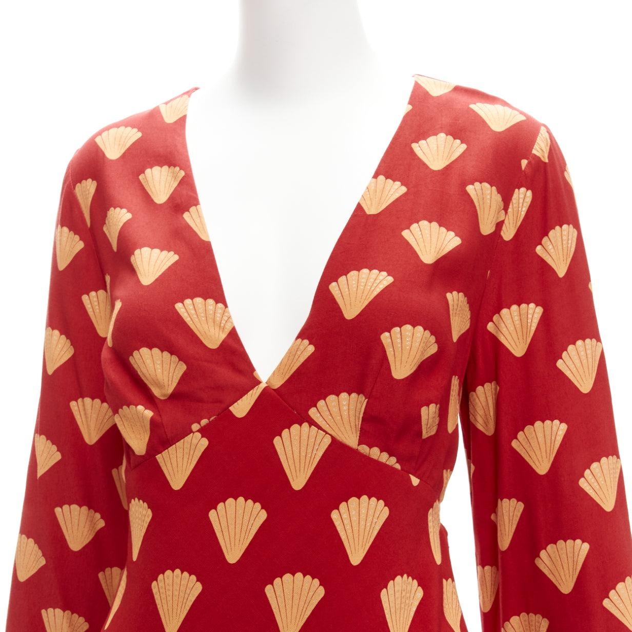 RIXO red gold oriental fan print V neck  flare sleeves short dress S For Sale 1