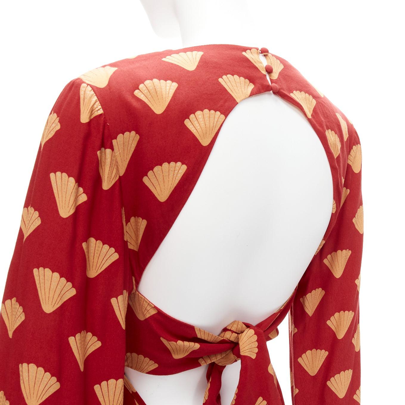 RIXO red gold oriental fan print V neck  flare sleeves short dress S For Sale 2