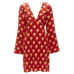 RIXO red gold oriental fan print V neck flare sleeves short dress S