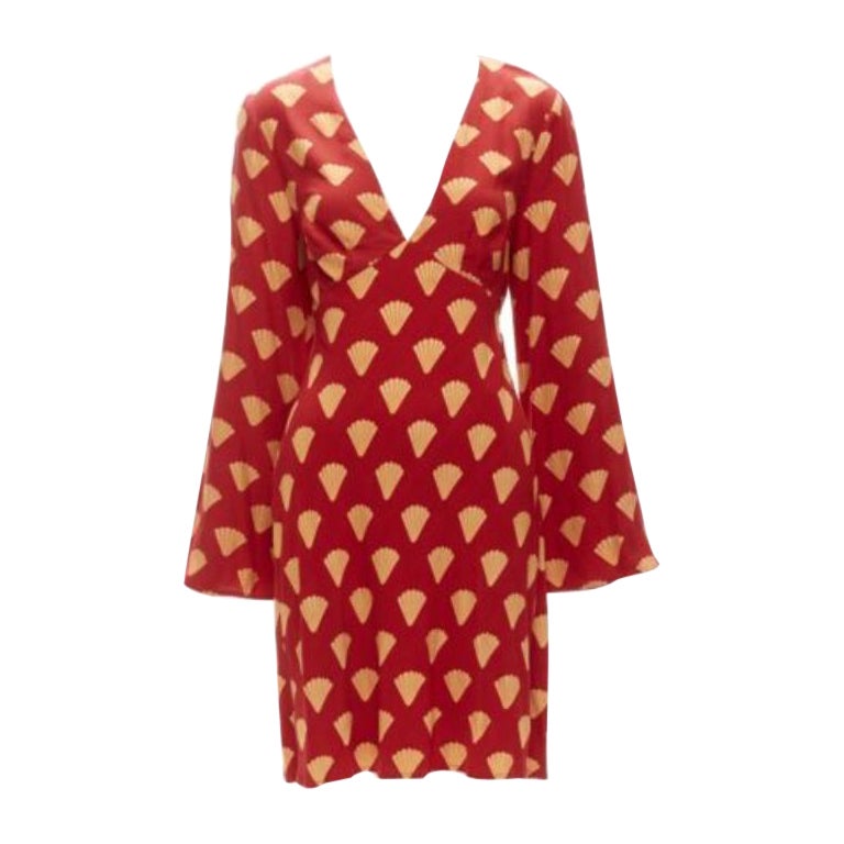RIXO red gold oriental fan print V neck flare sleeves short dress S For  Sale at 1stDibs