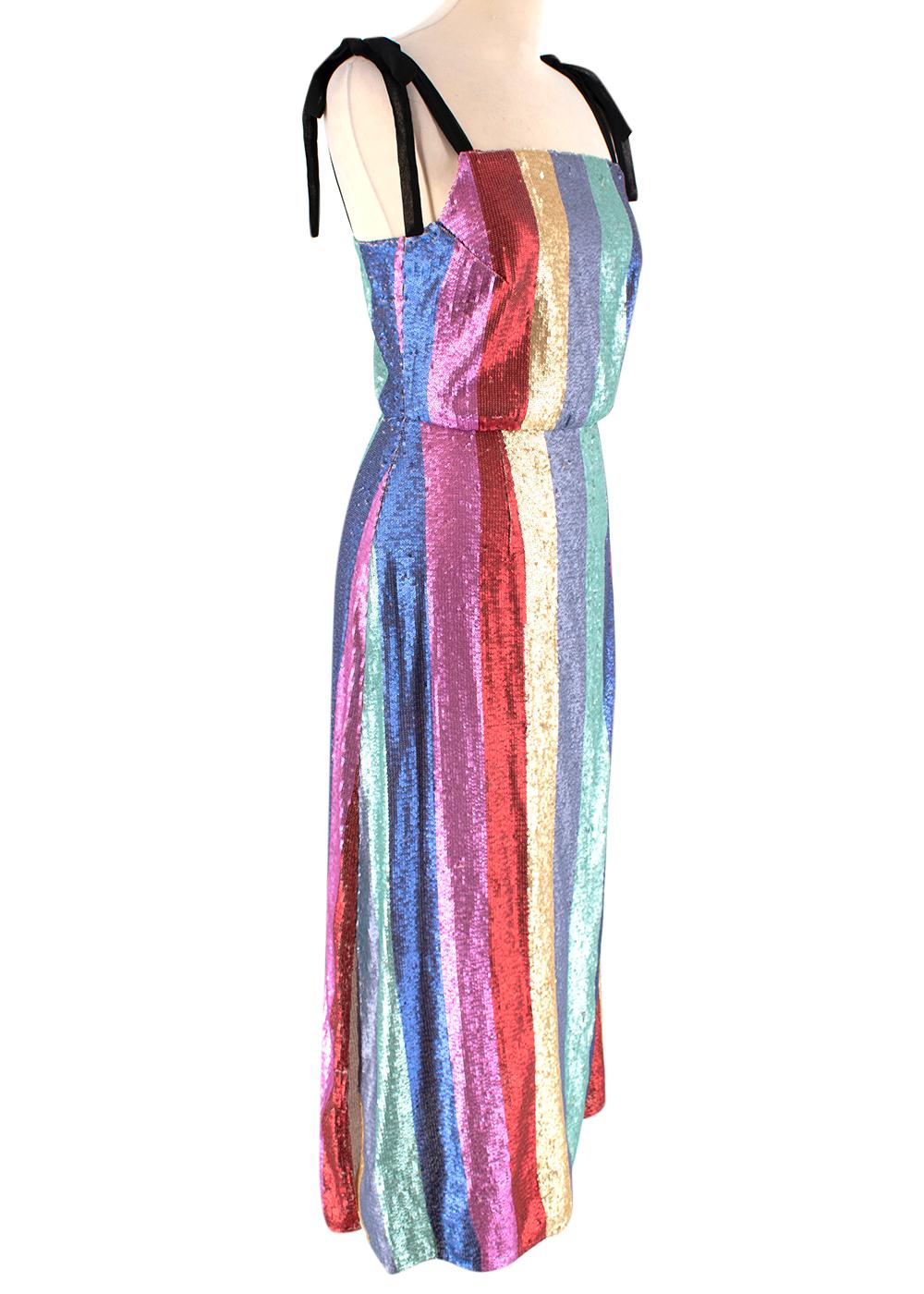 Rixo Striped Sequin Midi Dress with Black Straps 

-Beautiful faded rainbow sequin stripes 
-luxurious soft crepe black straps with bow detail 
-Side slits 
-Concealed zip fastening to the side
-Joyful design 
-Partially lined

Materials:

100%