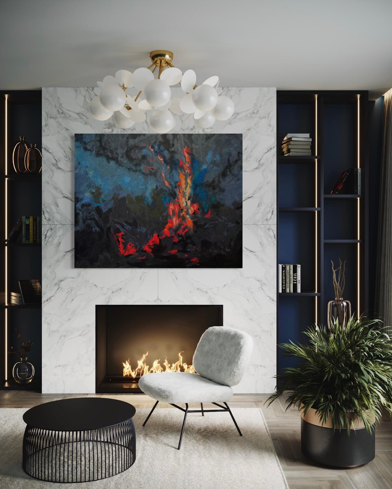 'A Fire, Too Near' by Rizaldy - Large Dark Abstract with Red, Black, and Blue - Painting by Rizaldy Celi Jr.