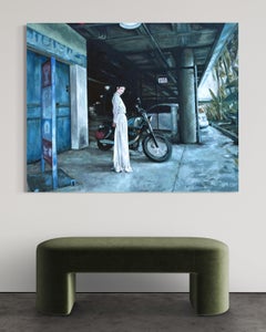 "Always and Forever" - Large Figurative Realism Work with a Woman and Motorcycle
