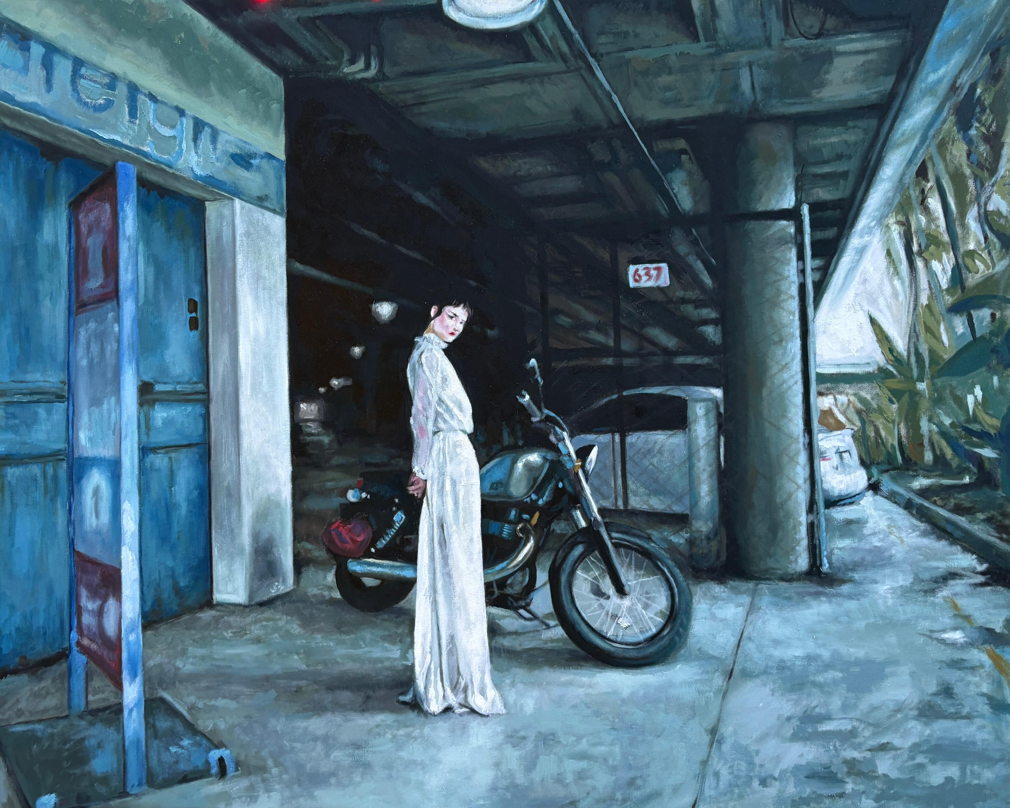 Rizaldy Celi Jr. Figurative Painting - "Always and Forever" - Large Figurative Realism Work with a Woman and Motorcycle