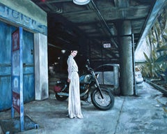 "Always and Forever" - Großes figuratives Realismuswerk mit Frau und Motorrad