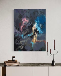 "Anatomy of a Secret" - Modern Mixed Media Dark Abstract with Blue and Yellow