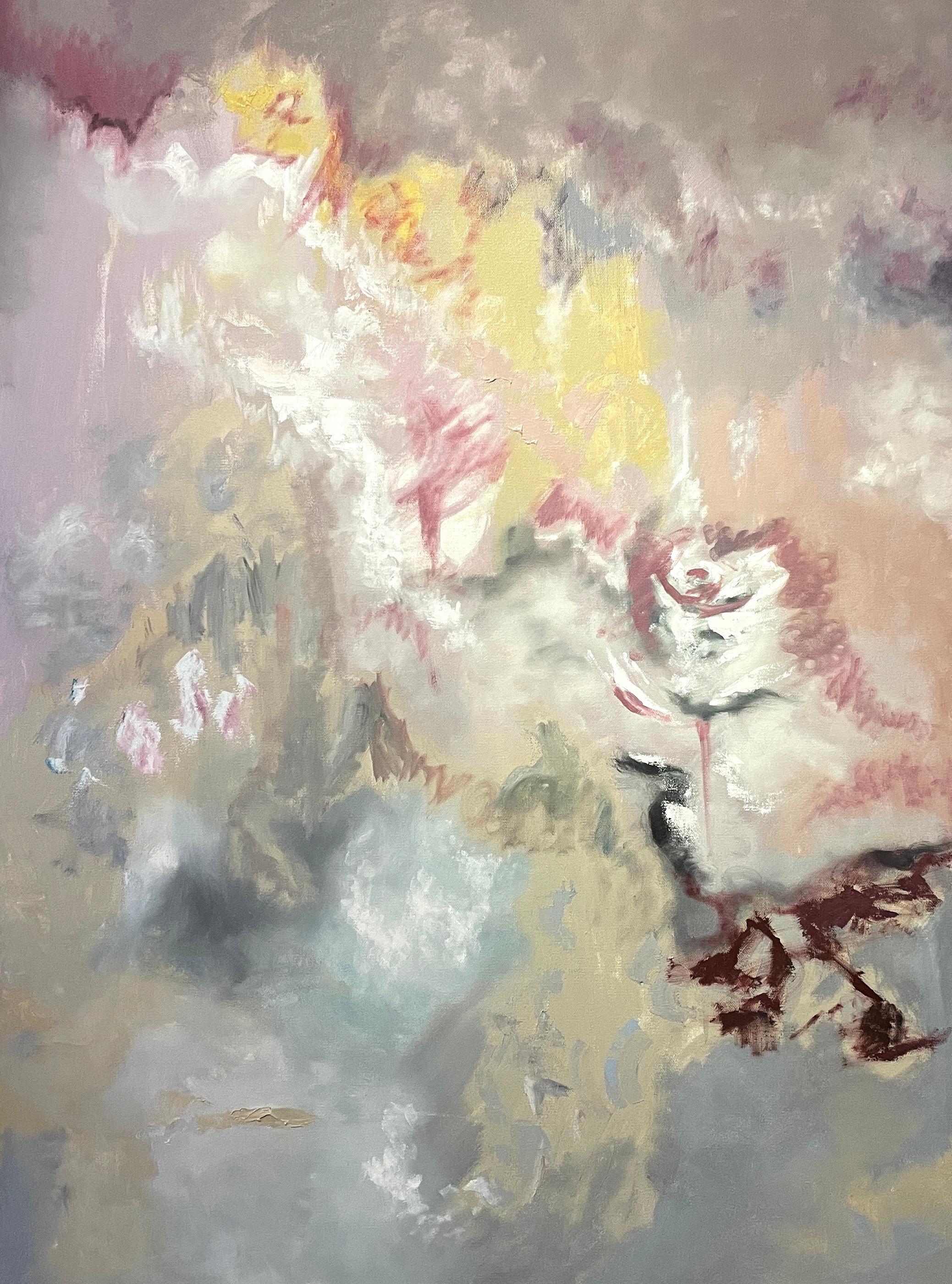 'Behind Her Stonewall' di Rizaldy - Astratto floreale onirico in rosa e grigio