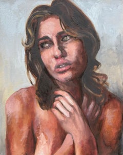 "Burning" by Rizaldy - Intimate Oil Portrait Painting of Woman with Brown Hair