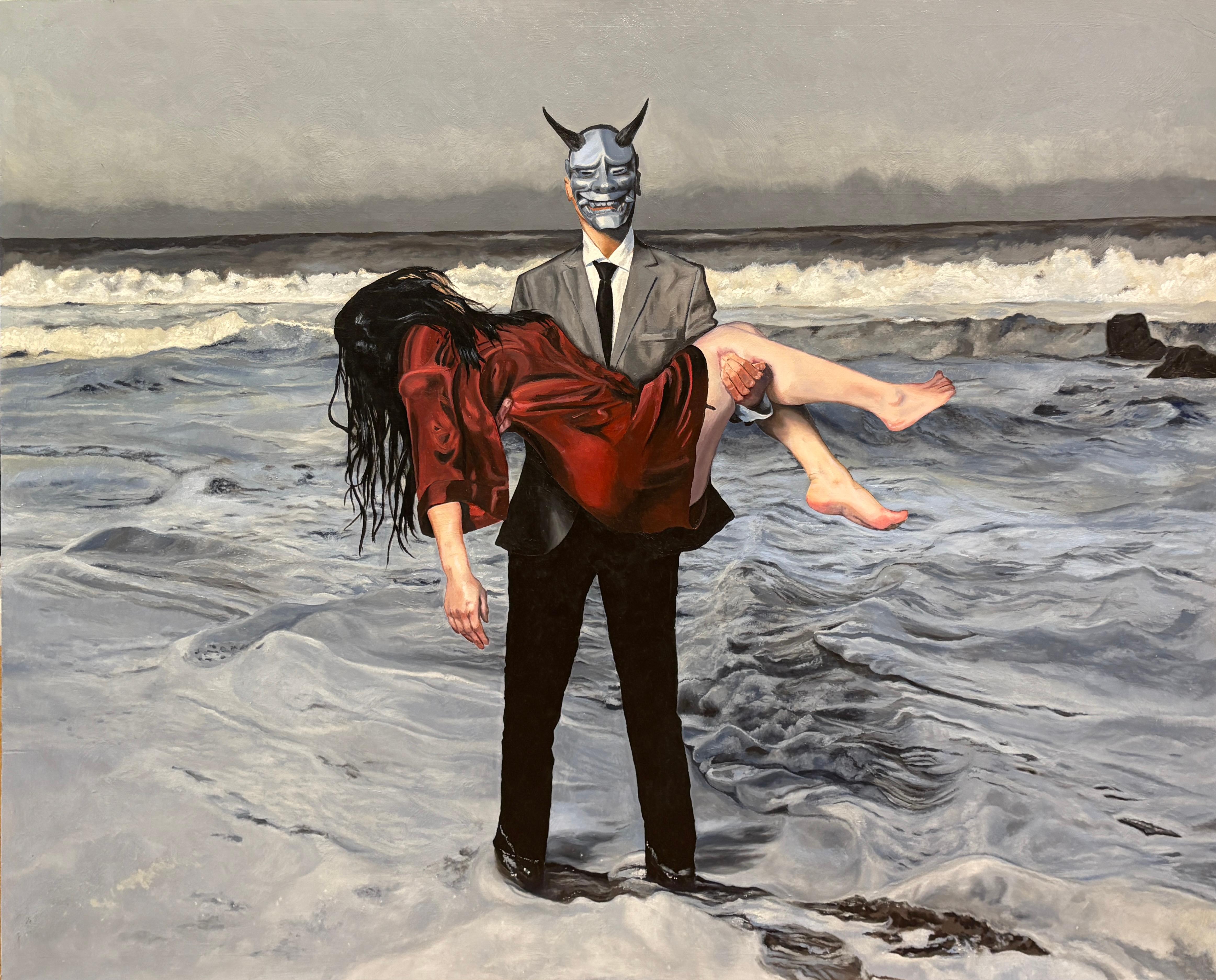 Rizaldy Celi Jr. Figurative Painting - "Death to Perfection" by Celi Jr - Symbolic Contemporary Figurative in Cool Tone