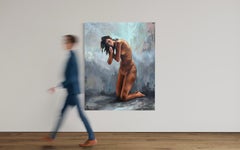 "Fallen" Large Figurative Nude Oil Painting, Textured, Woman Kneeling, 2025